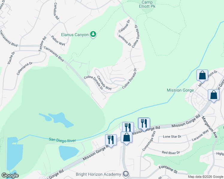 map of restaurants, bars, coffee shops, grocery stores, and more near 11419 Cascada Way in San Diego