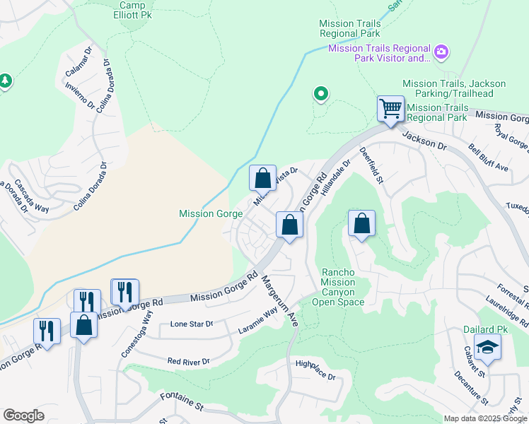 map of restaurants, bars, coffee shops, grocery stores, and more near 3664 Mission Montana Drive in San Diego