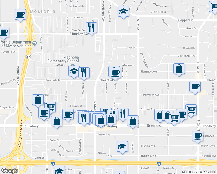 map of restaurants, bars, coffee shops, grocery stores, and more near 1223 Denver Lane in El Cajon