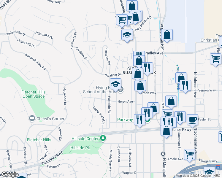 map of restaurants, bars, coffee shops, grocery stores, and more near 1311 Eastside Road in El Cajon