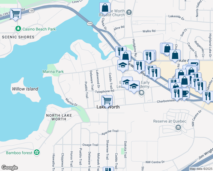 map of restaurants, bars, coffee shops, grocery stores, and more near 3912 Shawnee Trail in Lake Worth