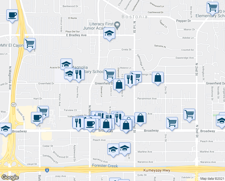 map of restaurants, bars, coffee shops, grocery stores, and more near 1253 Lyons Lane in El Cajon