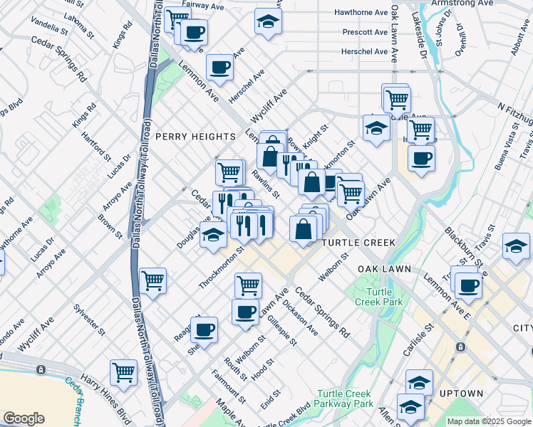 map of restaurants, bars, coffee shops, grocery stores, and more near 4010 North Hall Street in Dallas