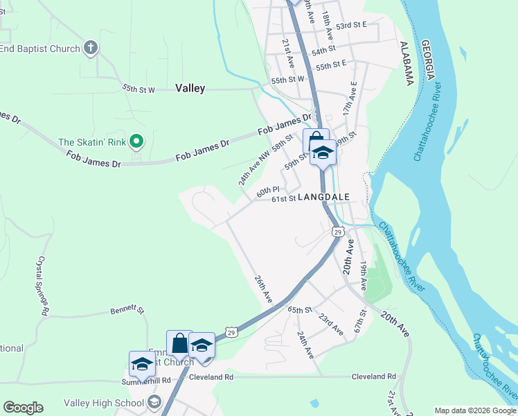 map of restaurants, bars, coffee shops, grocery stores, and more near 2402 61st Street in Valley