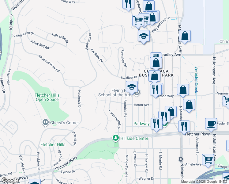 map of restaurants, bars, coffee shops, grocery stores, and more near 1254 Pfeifer Lane in El Cajon
