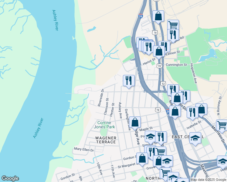 map of restaurants, bars, coffee shops, grocery stores, and more near 2298 Mount Pleasant Street in Charleston