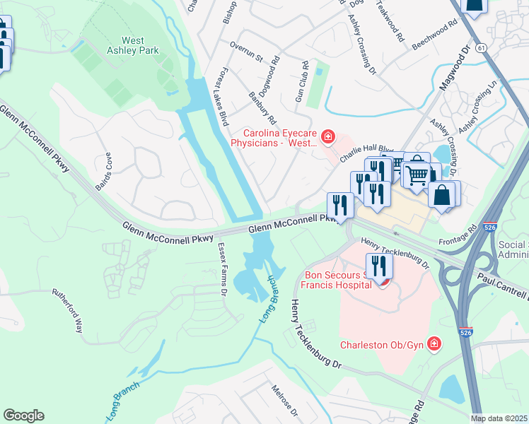map of restaurants, bars, coffee shops, grocery stores, and more near 2260 Forest Lakes Boulevard in Charleston