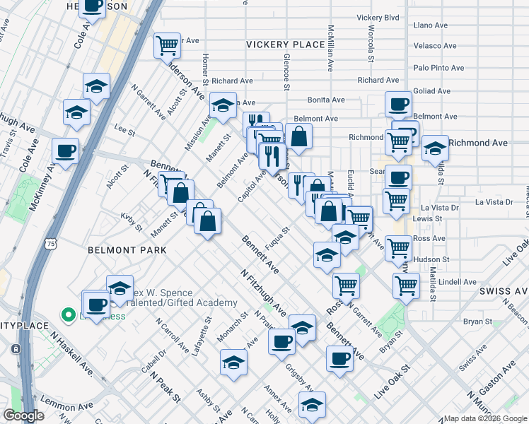map of restaurants, bars, coffee shops, grocery stores, and more near 5171 Garrett Field Court in Dallas