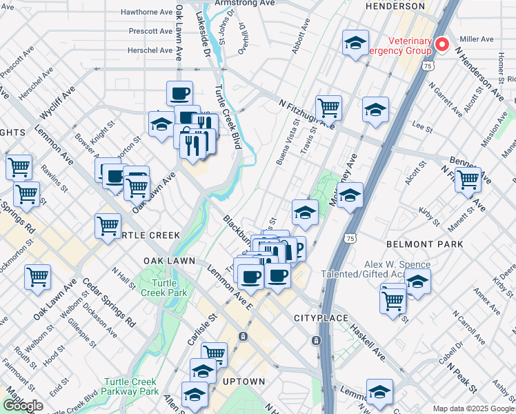map of restaurants, bars, coffee shops, grocery stores, and more near 3919 Buena Vista Street in Dallas