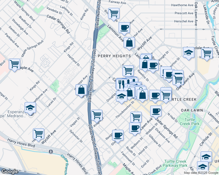 map of restaurants, bars, coffee shops, grocery stores, and more near 3003 1 Douglas Avenue in Dallas