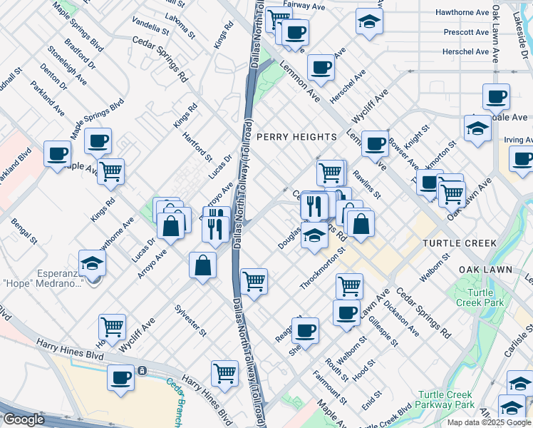 map of restaurants, bars, coffee shops, grocery stores, and more near 2906 Wycliff Avenue in Dallas