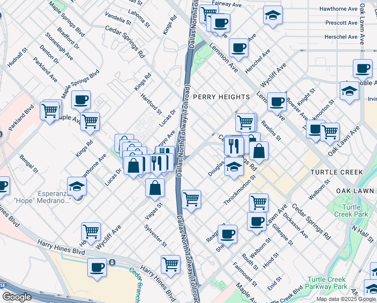 map of restaurants, bars, coffee shops, grocery stores, and more near 2801 Wycliff Avenue in Dallas