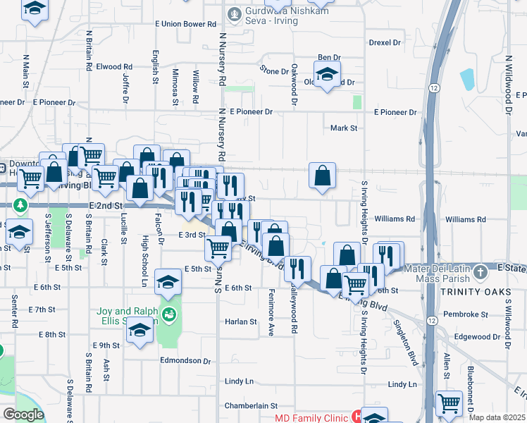 map of restaurants, bars, coffee shops, grocery stores, and more near 1126 Perry Street in Irving