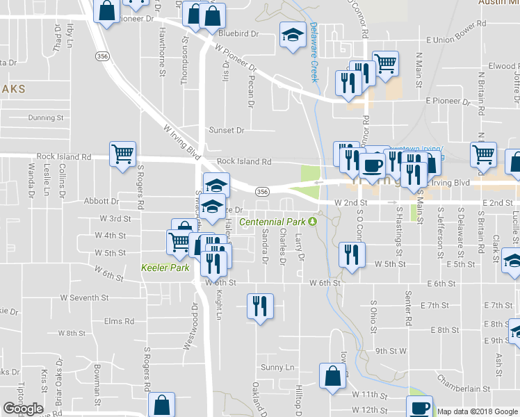 map of restaurants, bars, coffee shops, grocery stores, and more near 800 Mary Lee Circle in Irving