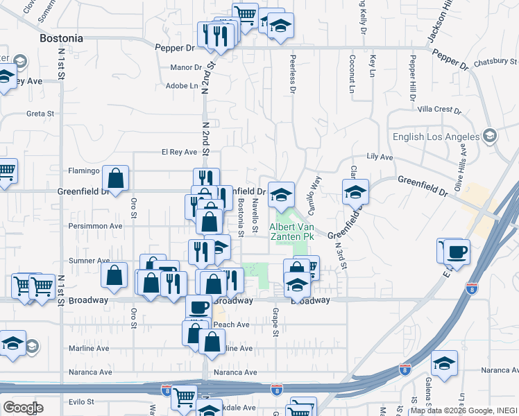 map of restaurants, bars, coffee shops, grocery stores, and more near 1255 Navello Street in El Cajon