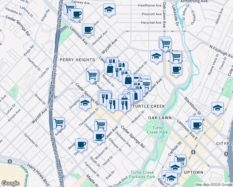 map of restaurants, bars, coffee shops, grocery stores, and more near 3929 Rawlins Street in Dallas
