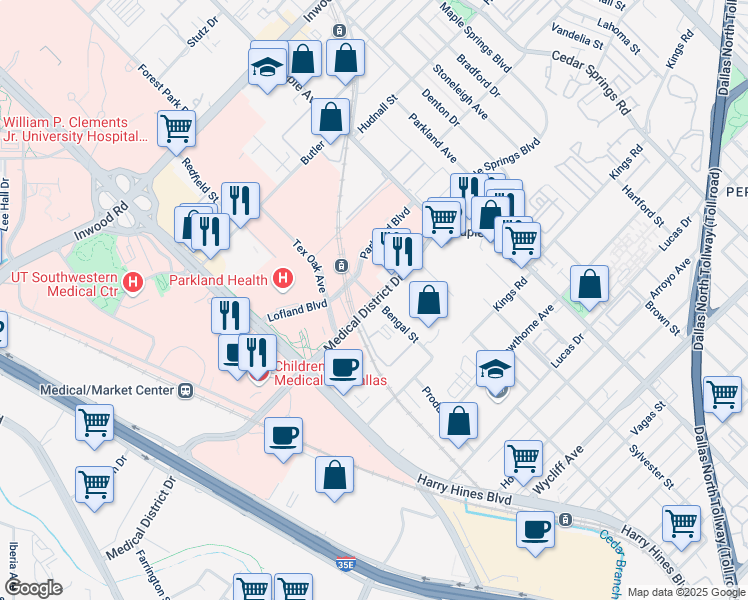 map of restaurants, bars, coffee shops, grocery stores, and more near 2135 Medical District Drive in Dallas