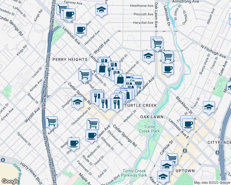 map of restaurants, bars, coffee shops, grocery stores, and more near 3912 Rawlins Street in Dallas