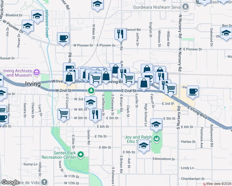 map of restaurants, bars, coffee shops, grocery stores, and more near 206 South Delaware Street in Irving