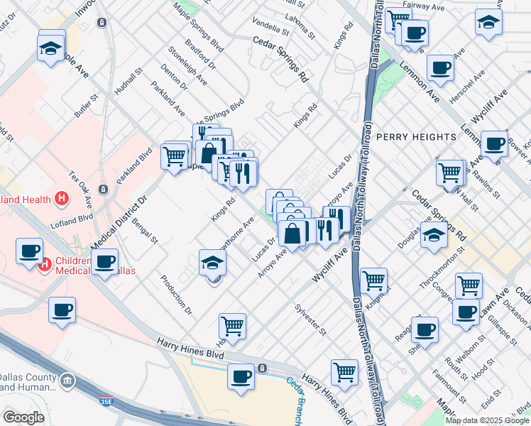 map of restaurants, bars, coffee shops, grocery stores, and more near 4500 Maple Avenue in Dallas