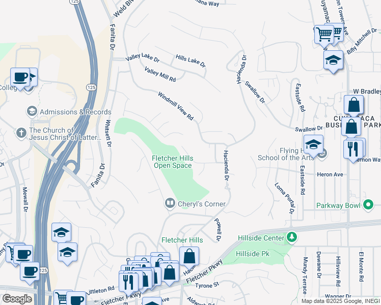 map of restaurants, bars, coffee shops, grocery stores, and more near 2134 Flying Hills Lane in El Cajon