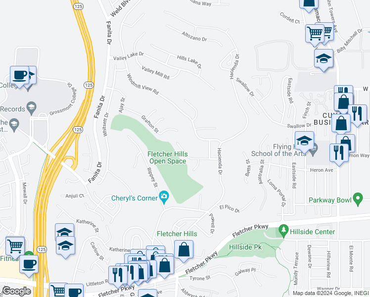 map of restaurants, bars, coffee shops, grocery stores, and more near 2134 Flying Hills Lane in El Cajon