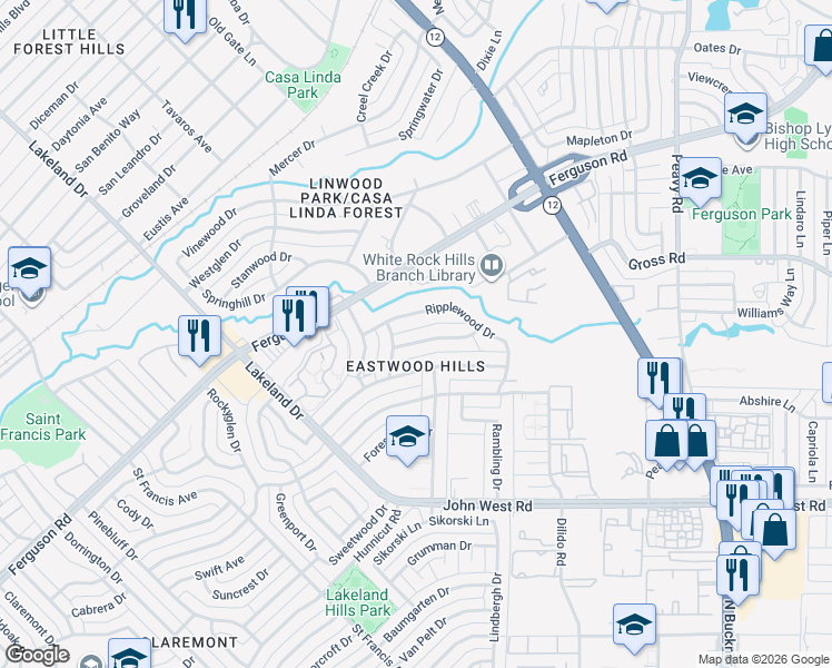 map of restaurants, bars, coffee shops, grocery stores, and more near 9019 Fringewood Drive in Dallas