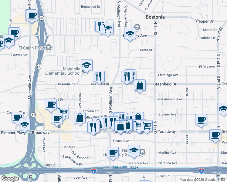 map of restaurants, bars, coffee shops, grocery stores, and more near in El Cajon