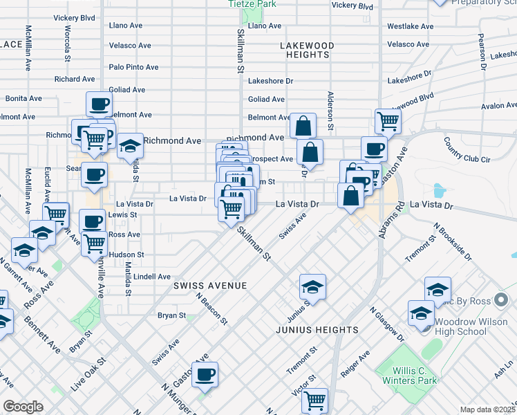 map of restaurants, bars, coffee shops, grocery stores, and more near 5842 Live Oak Street in Dallas