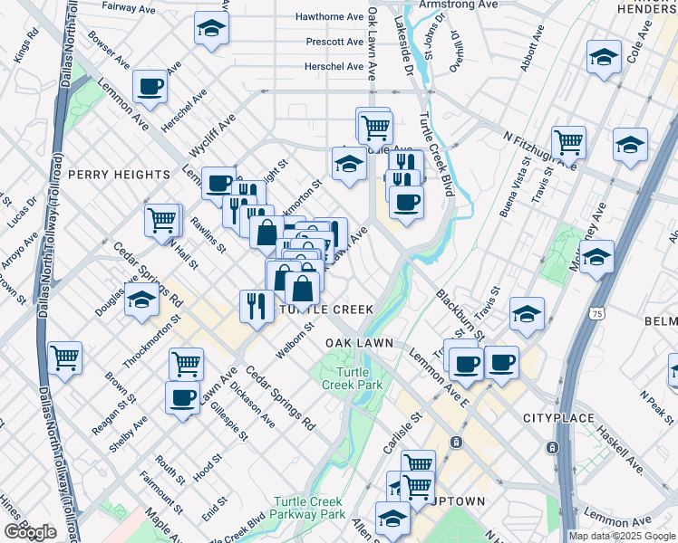 map of restaurants, bars, coffee shops, grocery stores, and more near 3716 Bowser Avenue in Dallas