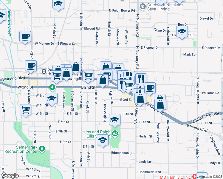 map of restaurants, bars, coffee shops, grocery stores, and more near 800 Texas 356 in Irving