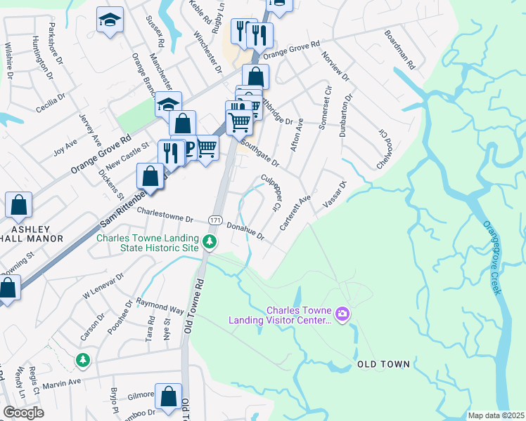 map of restaurants, bars, coffee shops, grocery stores, and more near 1622 Canty Ln in Charleston
