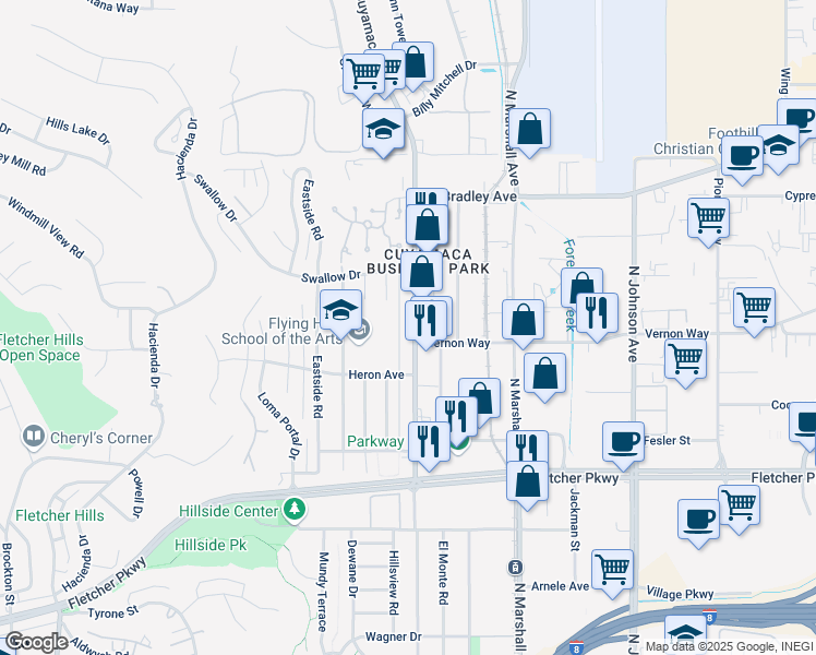 map of restaurants, bars, coffee shops, grocery stores, and more near 1286 Cuyamaca Street in El Cajon
