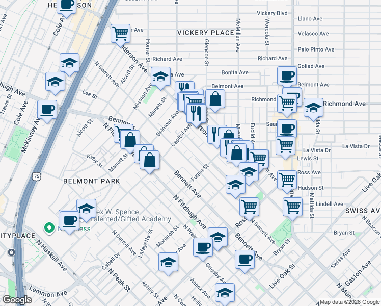 map of restaurants, bars, coffee shops, grocery stores, and more near 5171 Garrett Field Court in Dallas