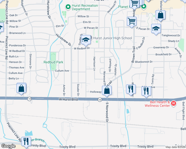 map of restaurants, bars, coffee shops, grocery stores, and more near 225 Harrison Ln in Hurst