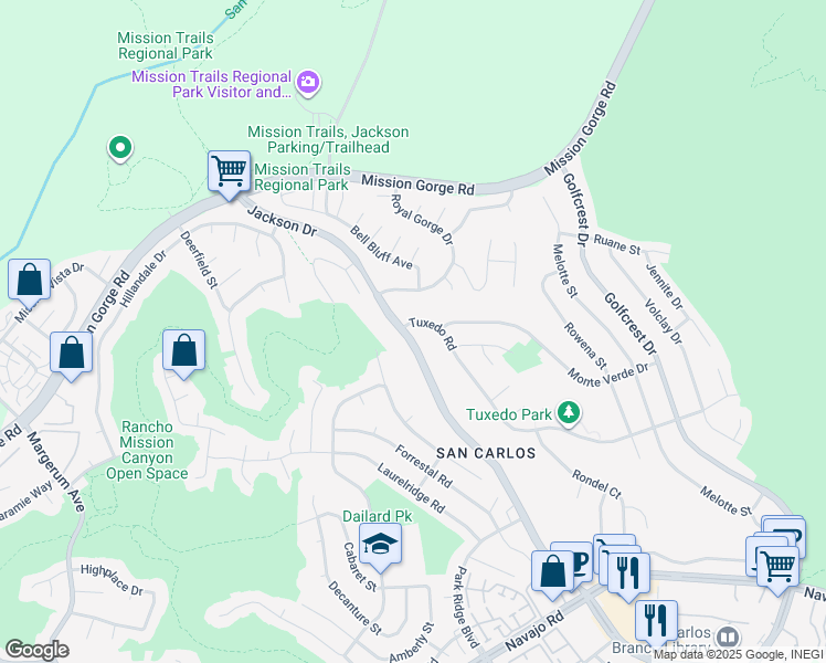 map of restaurants, bars, coffee shops, grocery stores, and more near 6615 Tuxedo Road in San Diego