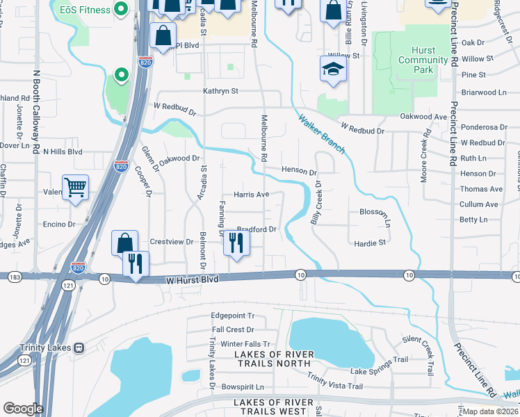map of restaurants, bars, coffee shops, grocery stores, and more near 1200 Walker Drive in Hurst