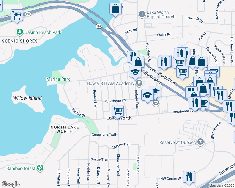 map of restaurants, bars, coffee shops, grocery stores, and more near 3912 Shawnee Trail in Fort Worth