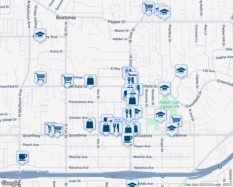 map of restaurants, bars, coffee shops, grocery stores, and more near 1250 Persimmon Avenue in El Cajon