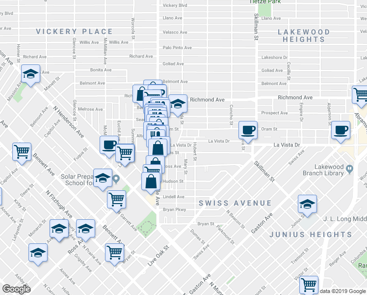map of restaurants, bars, coffee shops, grocery stores, and more near 5800 La Vista Drive in Dallas