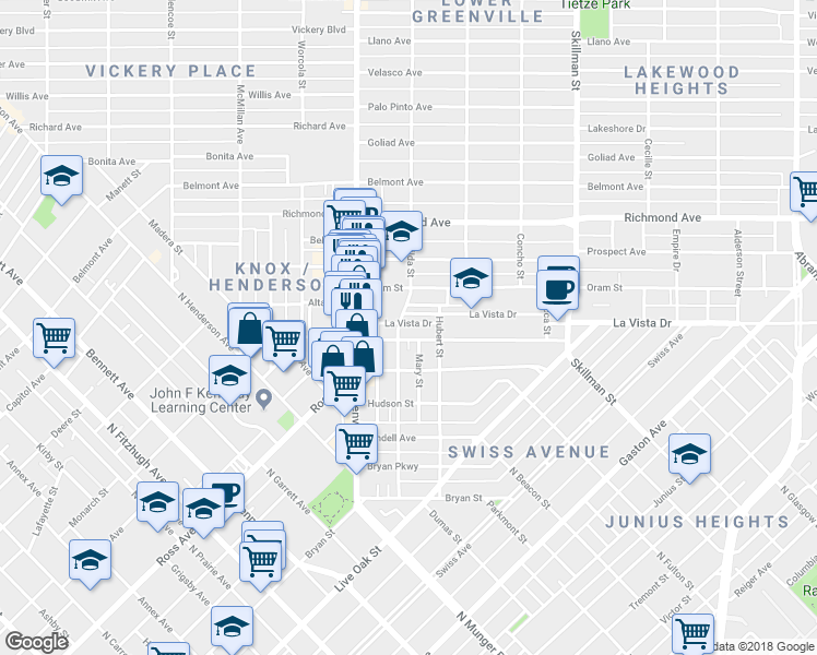map of restaurants, bars, coffee shops, grocery stores, and more near 5726 La Vista Drive in Dallas