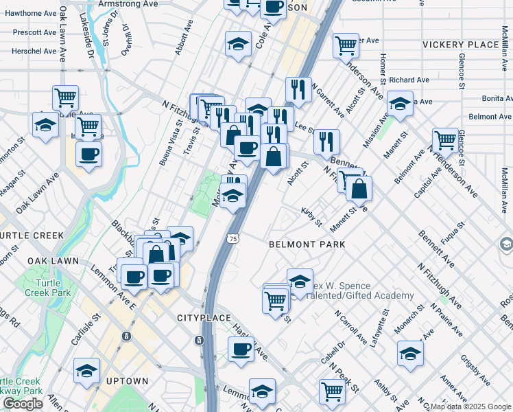 map of restaurants, bars, coffee shops, grocery stores, and more near 4040 North Central Expressway in Dallas