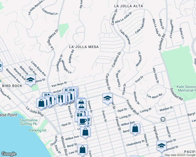 map of restaurants, bars, coffee shops, grocery stores, and more near 1214 Archer Street in San Diego