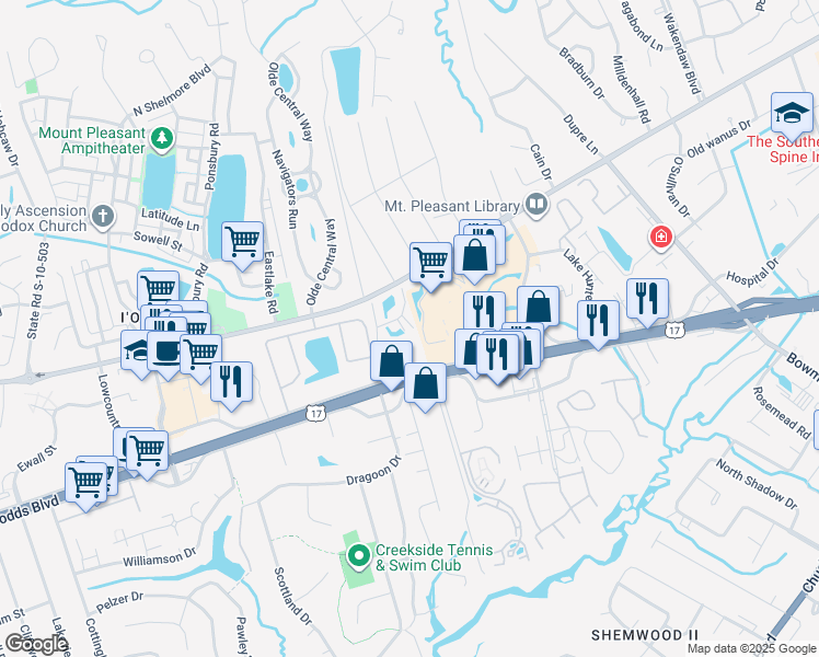 map of restaurants, bars, coffee shops, grocery stores, and more near 850 Ilex Court in Mount Pleasant