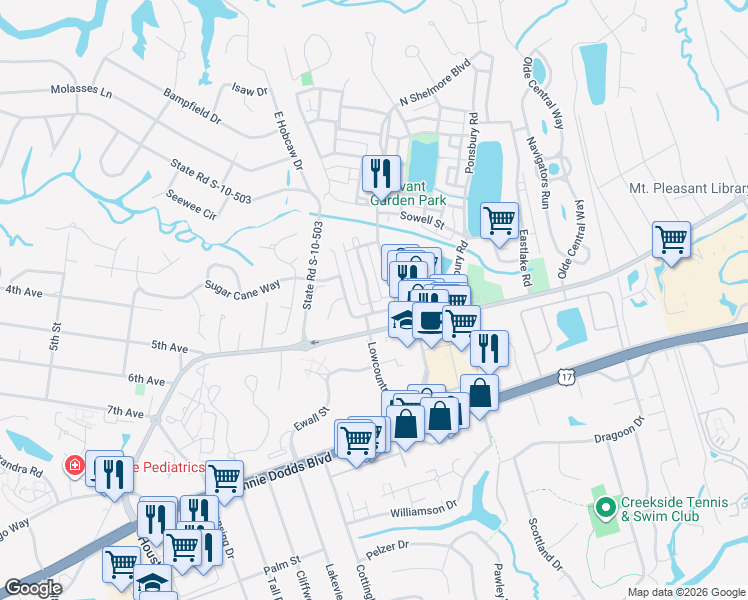 map of restaurants, bars, coffee shops, grocery stores, and more near 194 Ionsborough Street in Mount Pleasant