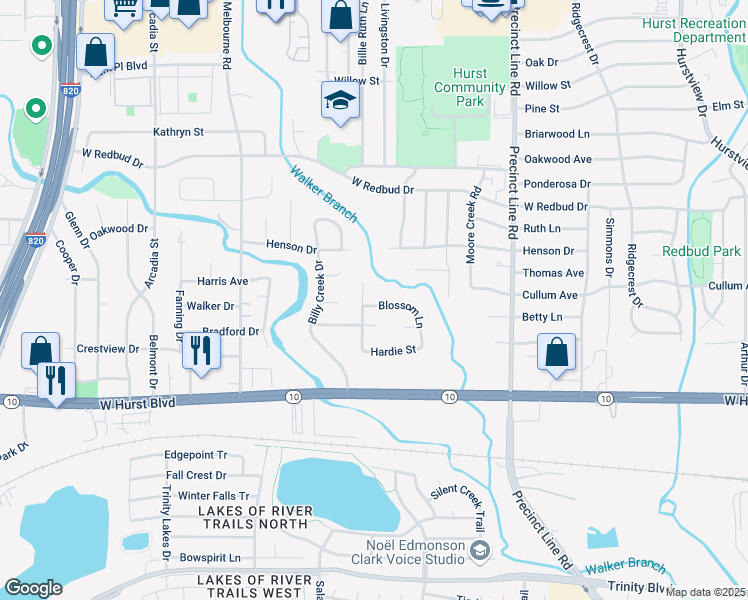 map of restaurants, bars, coffee shops, grocery stores, and more near 264 Blossom Lane in Hurst