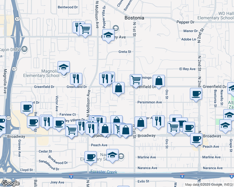 map of restaurants, bars, coffee shops, grocery stores, and more near 1017 Greenfield Drive in El Cajon