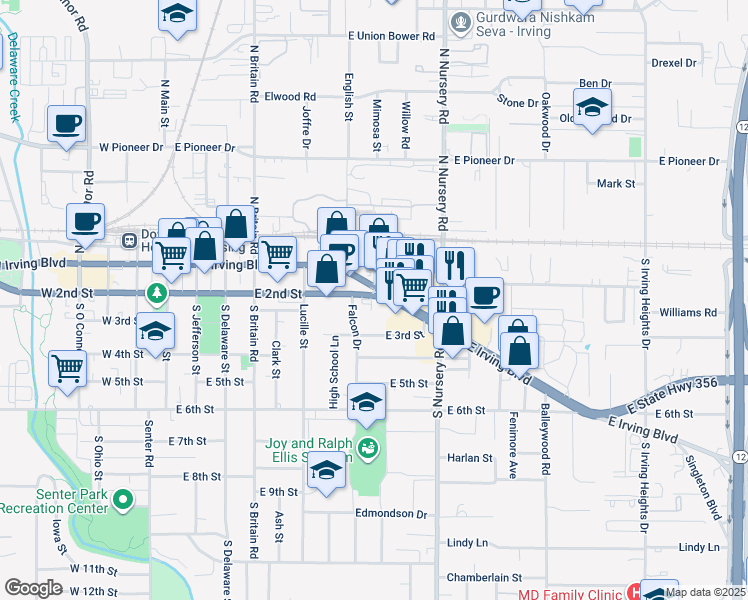 map of restaurants, bars, coffee shops, grocery stores, and more near 800 Texas 356 in Irving