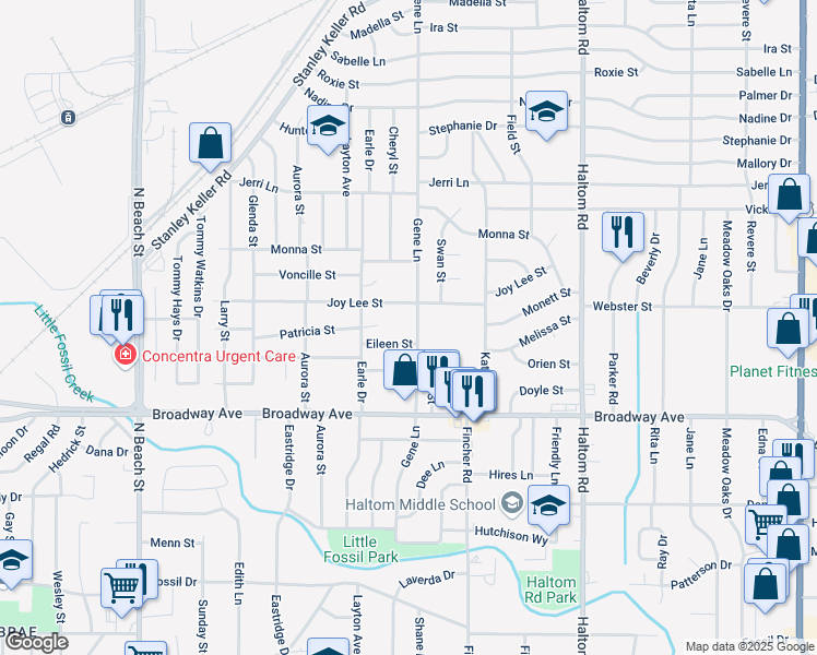 map of restaurants, bars, coffee shops, grocery stores, and more near 3425 Gene Lane in Haltom City