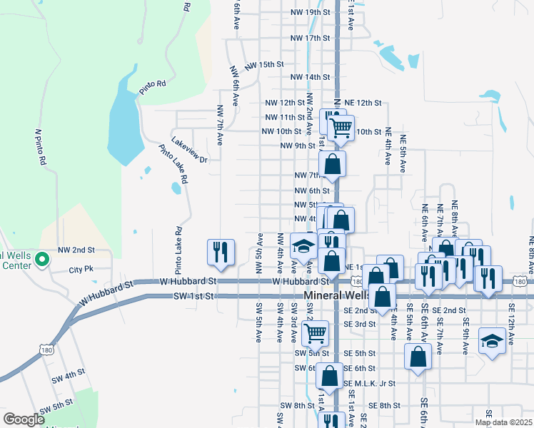 map of restaurants, bars, coffee shops, grocery stores, and more near 503 Northwest 4th Avenue in Mineral Wells
